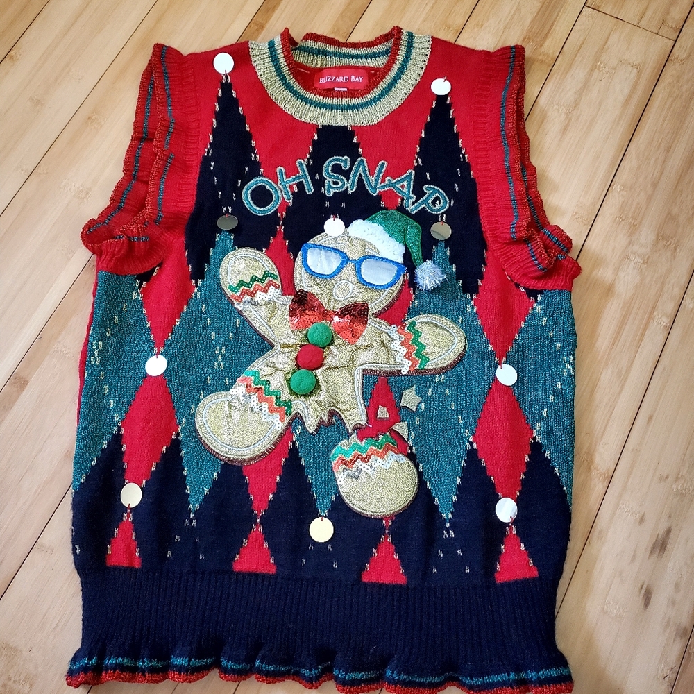 Blizzard Bay "Oh Snap" Gingerbread Sweater Vest -Red Green Navy Size Small